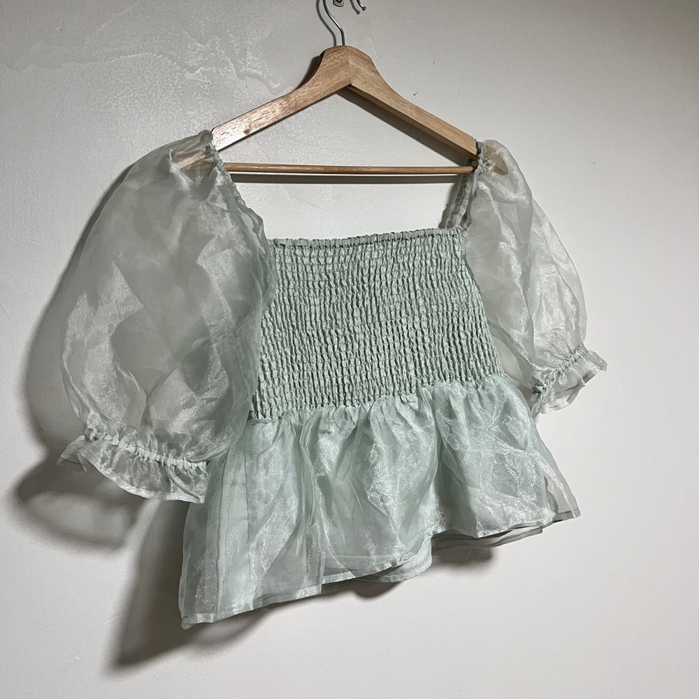 Japna Mint Green Puff Sleeve Smocked Peplum Top - Size M - Picture 9 of 10